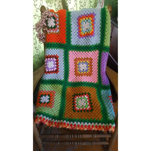 Big Colorful and Cheery Handmade Granny Square Afghan Throw Blanket 60 x 60 in